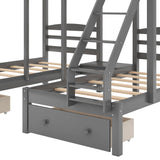 Grey Full over Twin & Twin Bunk Bed,Triple Bunk Bed with Drawers