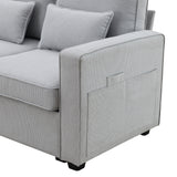 Upholstered Sofa with Console, 2 Cupholders and 2 USB Ports Wired or Wirelessly Charged, Modern Linen Fabric Couches with 4 Pillows