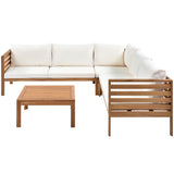 Wood Structure Outdoor Sofa Set with beige Cushions Exotic design Water-resistant and UV Protected texture High quality acacia wood Strong Metal Accessories