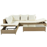 Patio 3-Piece Rattan Sofa Set All Weather PE Wicker Sectional Set with Adjustable Chaise Lounge Frame and Tempered Glass Table, Natural Brown