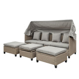 4 Piece UV-Proof Resin Wicker Patio Sofa Set with Retractable Canopy, Cushions and Lifting Table,Brown