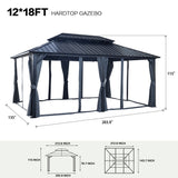 12x18ft Hardtop Gazebo with Nettings and Curtains, Heavy Duty Double Roof Galvanized Steel Outdoor Combined of Vertical Stripes Roof for Patio, Backyard