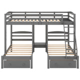 Grey Full over Twin & Twin Bunk Bed,Triple Bunk Bed with Drawers