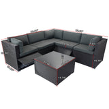 6 Pieces PE Rattan sectional Outdoor Furniture Cushioned  Sofa Set with 3 Storage Under Seat Black Wicker + Dark Grey Cushion