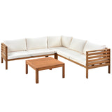 Wood Structure Outdoor Sofa Set with beige Cushions Exotic design Water-resistant and UV Protected texture High quality acacia wood Strong Metal Accessories