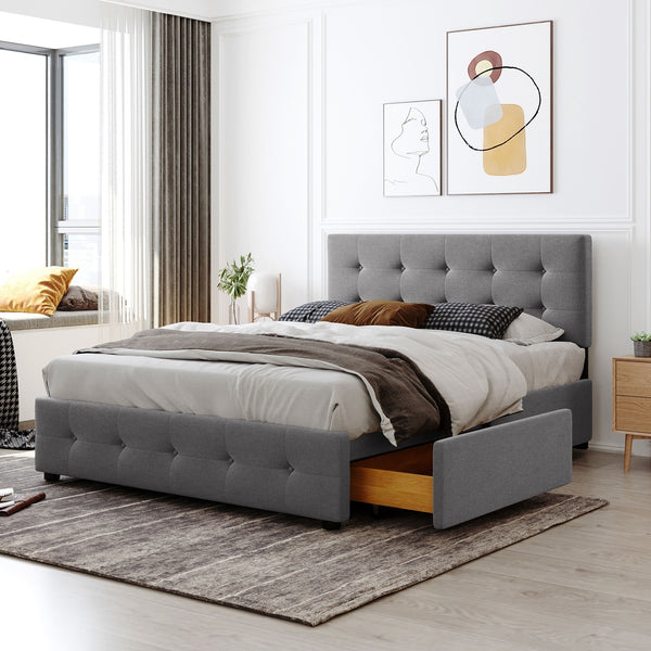 Queen Upholstered Platform Bed and 4 Drawers