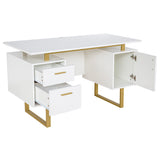 White and Gold Desk for Office with Drawers & Storage