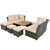 Patio Furniture Set, 10 Piece Outdoor Conversation Set, CoffeeTable with Ottomans, Solid wood coffee table