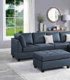 Contemporary 3pc Reversible Sectional Sofa Set W/ Ottoman Dark Blue Dorris Fabric Cushion Sofa Chaise Ottoman Couch Pillows