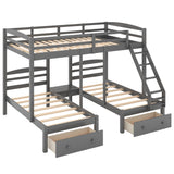 Grey Full over Twin & Twin Bunk Bed,Triple Bunk Bed with Drawers