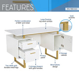 White and Gold Desk for Office with Drawers & Storage