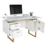 White and Gold Desk for Office with Drawers & Storage