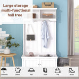 White Hall Tree with Storage Shoe Bench for Entryway and Hallway