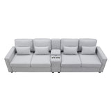 Upholstered Sofa with Console, 2 Cupholders and 2 USB Ports Wired or Wirelessly Charged, Modern Linen Fabric Couches with 4 Pillows