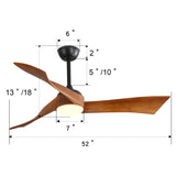 52 Inch Indoor Modern Ceiling Fan With Dimmable 6 Speed Remote 3 Solid Wood Blade Reversible DC Motor For Living Room