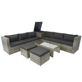 8 Piece Patio Sectional Wicker Rattan Outdoor Furniture Sofa Set with One Storage Box Under Seat and Cushion Box Grey wicker + Black Cushion + Clear Glass Top