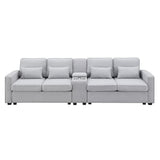 Upholstered Sofa with Console, 2 Cupholders and 2 USB Ports Wired or Wirelessly Charged, Modern Linen Fabric Couches with 4 Pillows