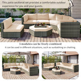 6 Piece Outdoor Conversation Set All Weather Wicker Sectional Sofa with Ottoman and Cushions and Small Trays