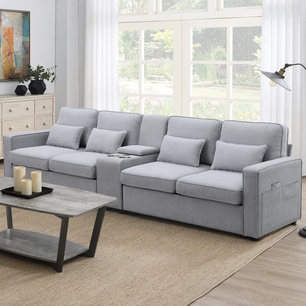 Upholstered Sofa with Console, 2 Cupholders and 2 USB Ports Wired or Wirelessly Charged, Modern Linen Fabric Couches with 4 Pillows