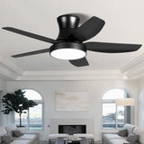 46 Inch Black Flush Mount Ceiling Fan with Light and Remote Control, Low Profile Ceiling Fan with 5 blades, 3 Light Color, 6 Speeds for Living Room, Bedroom, Children room, Matte Black