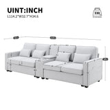 Upholstered Sofa with Console, 2 Cupholders and 2 USB Ports Wired or Wirelessly Charged, Modern Linen Fabric Couches with 4 Pillows