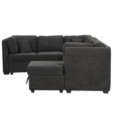 Sectional Sofa Pull out Sofa Bed with Two USB Ports, Two Power Sockets, Three Back Pillows and a Storage Chaise for Living Room, Black