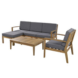 6 Piece Acacia Wood Frame Patio Sectional Sofa Set with Coffee Table and Removable Cushion for Garden Backyard Patio and Poolside(Grey)