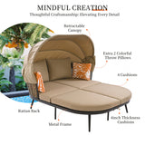 Patio Daybed with Retractable Canopy, Outdoor Rattan PE Wicker Back Loveseat Sofa Set with Throw Pillows and Cushions for Backyard, Poolside, Garden, Brown