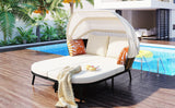 Patio Daybed with Retractable Canopy, Outdoor Rattan PE Wicker Back Loveseat Sofa Set with Throw Pillows and Cushions for Backyard, Poolside, Garden, Beige