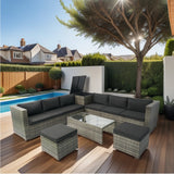 8 Piece Patio Sectional Wicker Rattan Outdoor Furniture Sofa Set with One Storage Box Under Seat and Cushion Box Grey wicker + Black Cushion + Clear Glass Top