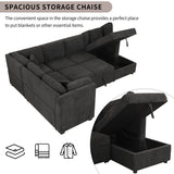 Sectional Sofa Pull out Sofa Bed with Two USB Ports, Two Power Sockets, Three Back Pillows and a Storage Chaise for Living Room, Black