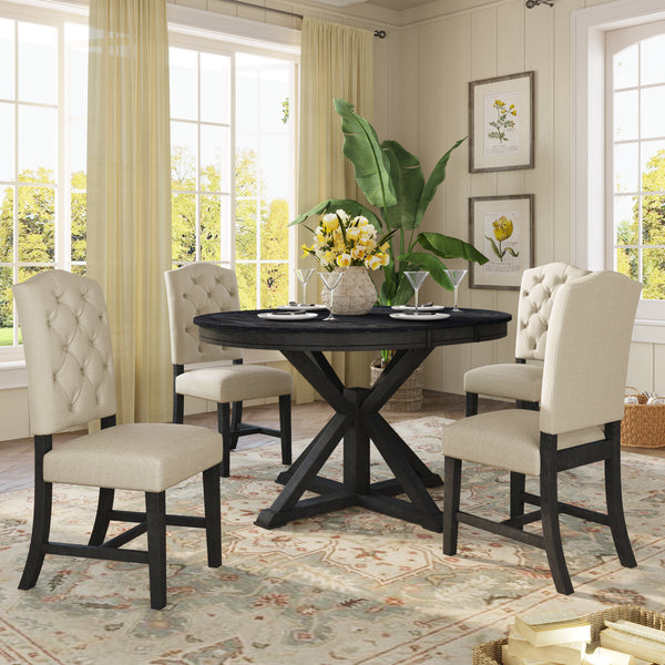 Furniture Retro Style Dining Table Set with Extendable Table and 4 Upholstered Chairs