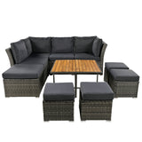 10 Piece Outdoor Conversation Set, CoffeeTable with Ottomans, Solid wood coffee table