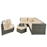 6 Piece Outdoor Conversation Set All Weather Wicker Sectional Sofa with Ottoman and Cushions and Small Trays