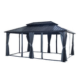 12x18ft Hardtop Gazebo with Nettings and Curtains, Heavy Duty Double Roof Galvanized Steel Outdoor Combined of Vertical Stripes Roof for Patio, Backyard