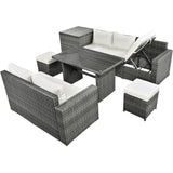 6-Piece All Weather PE Rattan Sofa Set, Garden Patio Wicker Sectional Furniture Set with Adjustable Seat, Storage Box, Removable Covers and Tempered Glass Top Table, Beige