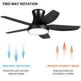 46 Inch Black Flush Mount Ceiling Fan with Light and Remote Control, Low Profile Ceiling Fan with 5 blades, 3 Light Color, 6 Speeds for Living Room, Bedroom, Children room, Matte Black