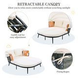 Patio Daybed with Retractable Canopy, Outdoor Rattan PE Wicker Back Loveseat Sofa Set with Throw Pillows and Cushions for Backyard, Poolside, Garden, Beige