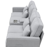 Upholstered Sofa with Console, 2 Cupholders and 2 USB Ports Wired or Wirelessly Charged, Modern Linen Fabric Couches with 4 Pillows