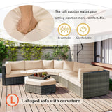 6 Piece Outdoor Conversation Set All Weather Wicker Sectional Sofa with Ottoman and Cushions and Small Trays