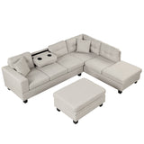 Sectional Sofa with Storage Ottoman, L-Shape Couch with 2 Pillows and Cup Holder,Sectional Sofa with Reversible Chaise for Living Room,Light Gray