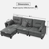 Modular Grey Couch with USB Ports, Ottoman, Lumbar Pillows