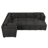 Sectional Sofa Pull out Sofa Bed with Two USB Ports, Two Power Sockets, Three Back Pillows and a Storage Chaise for Living Room, Black