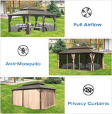 12' X 20' Hardtop Gazebo, Aluminum Metal Gazebo with Galvanized Steel Double Roof Canopy, Curtain and Netting, Permanent Gazebo Pavilion for Party, Wedding, Outdoor Dining, Brown