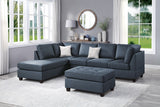 Contemporary 3pc Reversible Sectional Sofa Set W/ Ottoman Dark Blue Dorris Fabric Cushion Sofa Chaise Ottoman Couch Pillows