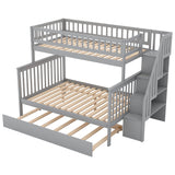 Twin over Full Bunk Bed with Trundle and Staircase,Gray