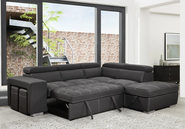 Pull Out Sectional Sofa with Adjustable Headrest Sleeper with Storage Ottoman