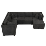 Sectional Sofa Pull out Sofa Bed with Two USB Ports, Two Power Sockets, Three Back Pillows and a Storage Chaise for Living Room, Black