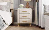 Beige Upholstered Wooden Nightstand with 3 Drawers