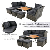 10 Piece Outdoor Conversation Set, CoffeeTable with Ottomans, Solid wood coffee table